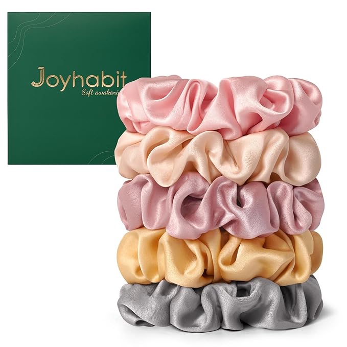 Joyhabit Silk Scrunchies for Women and Girls, Pink, Gold and Gray, 5 Pieces, 4CM Hair-Friendly Cute & Durable Hair Ties for Women, Great for Bedtime and Everyday Style