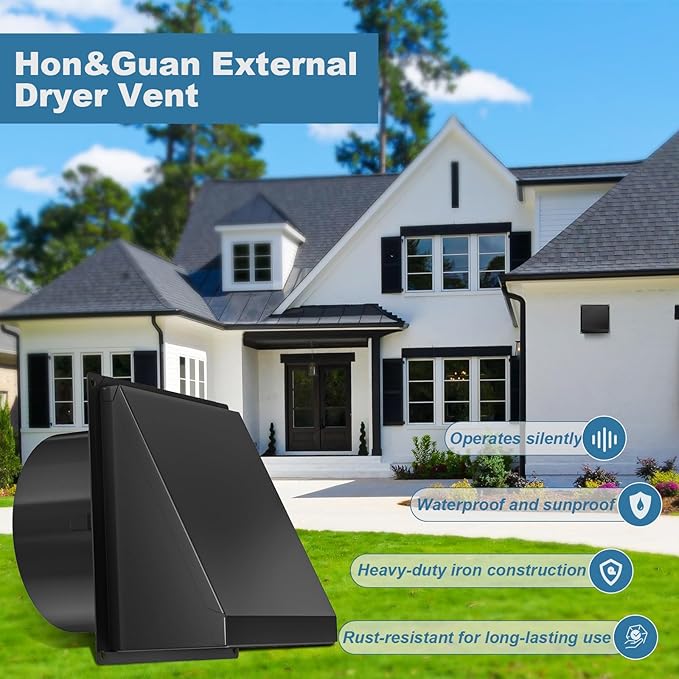Hon&Guan Dryer Vent Cover Outside with Removable Mesh, Wall Mount Extractor Vent with Rubber Cushioned Non-Return Flap, High Quality Iron Outside Dryer Vent Cover for House (Black, 6 Inch)
