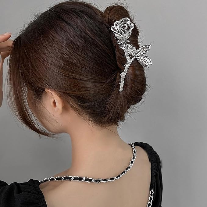Elegant Rose Metal Non-Slip Hair Claw Clips for Thin and Thick Hair - Fashionable Flower Hair Accessories for Women and Girls (Silver Rose)