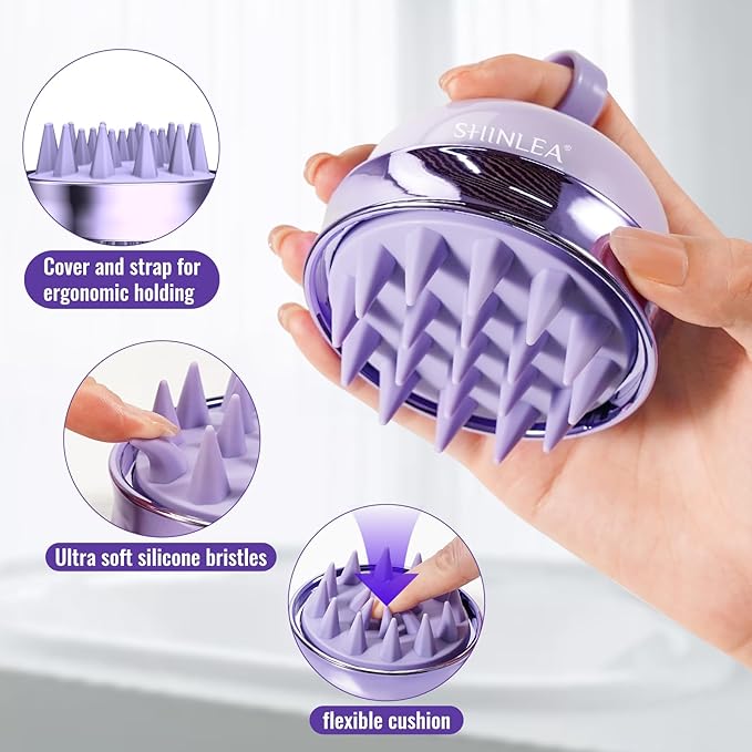 2 in 1 Scalp Massager Hair Growth,Scalp Scrubber with Soft Silicone Bristles for Dandruff Removal,Shampoo Brush for Exfoliation,Head Massager for Both Wet and Dry Use (Purple) ﻿