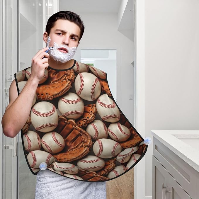 Non-Stick Beard Bib for Shaving, Baseballs Shave Bib, Waterproof Hair Catcher with Suction Cups, Grooming Apron Men Husband