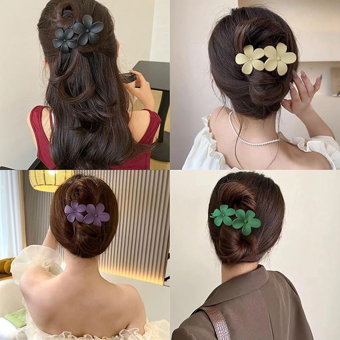 5PCS Black Flower Flat Hair Clips for Women - Mdscve French Flat Hair Claw Matte Hair Clips Flat Claw Clips for Thick Hair Non-Slip Cute Duck Billed for Girls