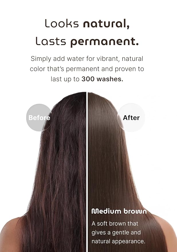 Korean Permanent Hair Dye, Powder Hair Color Kit, Medium Brown, Gray Hair Coverage, Plant-Based Formula, Easy Application for Roots, Short & Long Hair, Vegan, Just Mix with Water (3 Powder Packets)