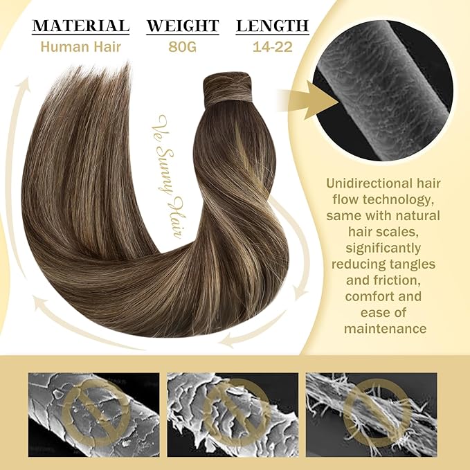 Ve Sunny Hair Extensions Ponytail Real Human Hair Wrap Around Clip in Ponytail Hair Extensions Straight Extensions Human Hair for Women Medium Brown Balayage Ombre Caramel Blonde 18inch 80G