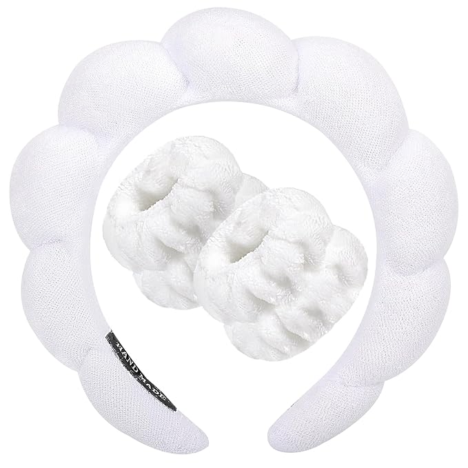 Zkptops Spa Headband for Washing Face Wristband Sponge Makeup Skincare Headband Bubble Soft Terry Cloth Hairband Christmas Birthday Gift for Women Girls Fashion Puffy Non Slip Thick Headwear (White)