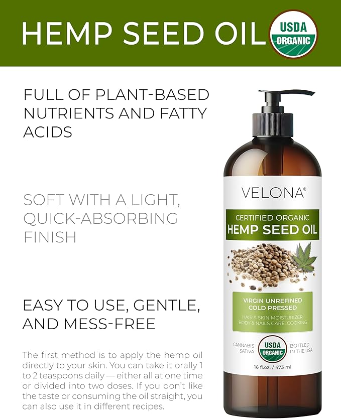 velona Hemp Seed Oil USDA Certified Organic - 16 Fl Oz | 100% Pure and Natural Carrier Oil | Unrefined, Cold Pressed | Hair, Body, Face & Skin Care