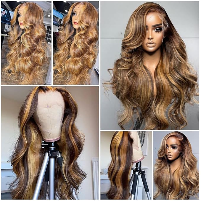 Highlight Ombre Lace Front Wig Human Hair Body Wave 180% Density Frontal Wigs Human Hair 13x6 HD Lace 24 Inch Colored Human Hair Wigs for Black Women Pre Plucked with Baby Hair Glueless Wigs