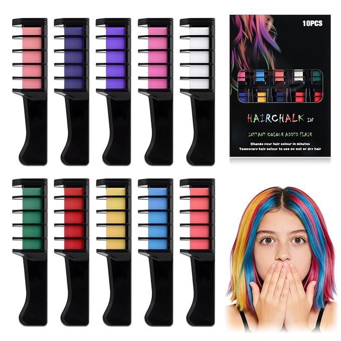 10 Colors Festive Fun Hair Chalk CombsInstant Hair Color Comb,Washable & Temporary Hair Color Dye for All Ages, Hair DIY Perfect for Birthday Party Christmas Gifts New Year