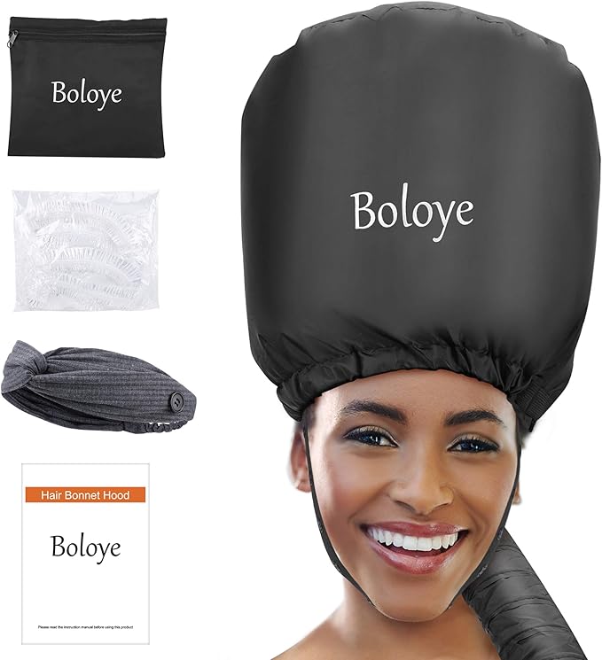Hair Dryer Bonnet Attachment – 28.5" XL Hooded Dryer Cap for Faster Drying & Deep Conditioning, Extra-Large Space Fits Thick, Curly Hair & Styling Tools (Black, Universal)