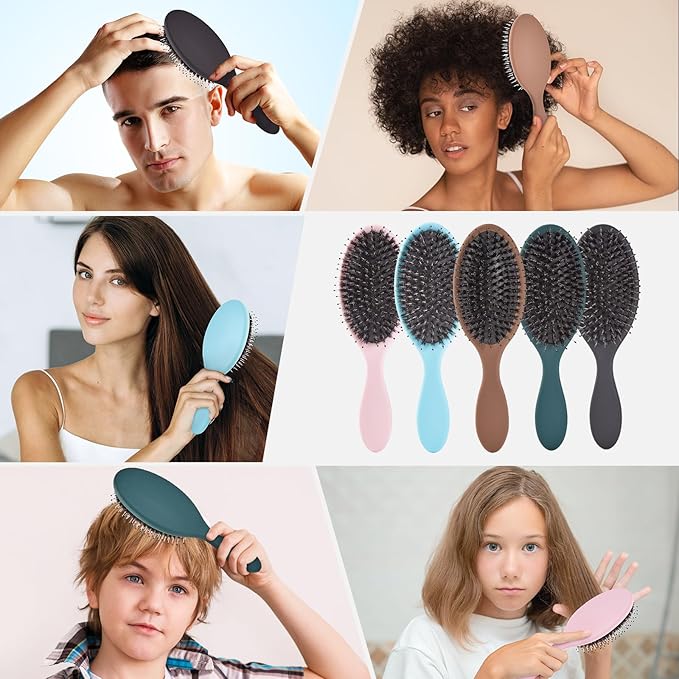 Boar Bristles Hair Brush for Women and Men, Detangling Hair Brush for Smoothing Massage Add Shine, Nylon&Boar Bristles Detangler brush for Hair Healthy (1 Pack-Mocha)