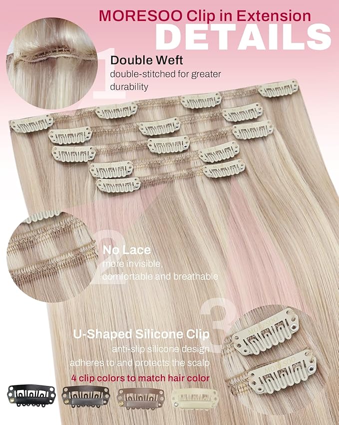 Moresoo Clip in Hair Extensions Human Hair Ash Blonde Highlight Hair Extensions Clip Ins for Women Straight Double Weft 5Pcs 80G 16inch