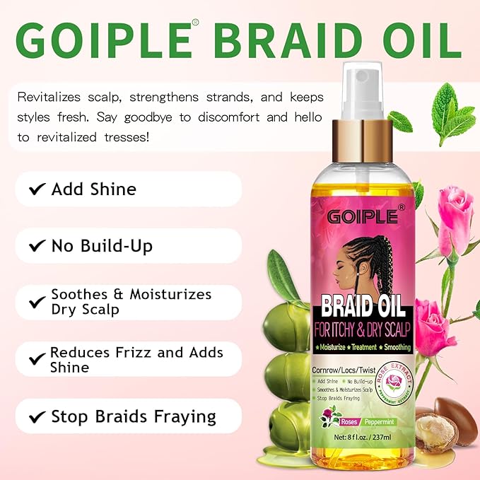 Braid Oil for Soothes Moisturizes Dry & Itchy Scalp- Braid Care for Dandruff and Thinning Edges- Braiding Scalp Oil for Locs & Twists Enhances Shine and Reduces Frizz Refreshes Dry Hair 8 fl oz
