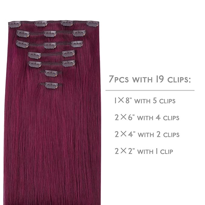 WENNALIFE Clip in Hair Extensions Real Human Hair, 22 Inch 120g 7pcs Remy Hair, Light Burgundy Straight Natural Coloured Extensiones De Cabello Humano Con Clip Ins