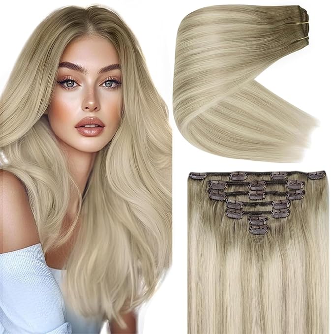 Ve Sunny Real Hair Extensions Clip in Human Hair Ash Grey Balayage Platinum Blonde Hair Extensions Clip ins Ombre Remy Straight Human Hair for Women 7pcs 120g 14 inch