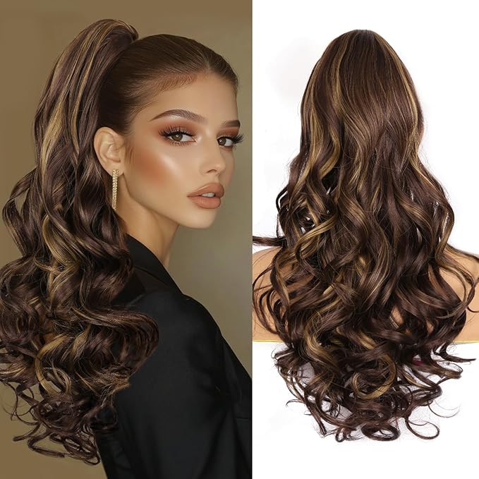 24 Inch Ponytail Extension, Clip on Ponytails for Women, Long Curly Wavy Ponytail Extensions for Women, Synthetic Layered Pony Tails Hair Extensions (Color: Brown with Blonde Highlights)