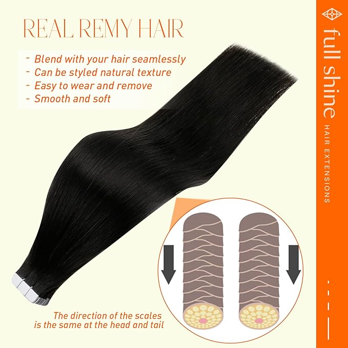 Full Shine Tape in Hair Extensions 22 Inch Long Tape in Extensions Color 1B Off Black Double Sided Adhesive Tapes Black Hair Extensions 50G Seamless Remy Human Hair 20Pcs Natural Straight for Women