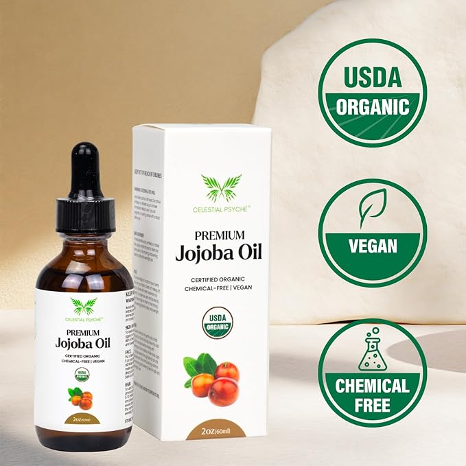 USDA Certified Organic Jojoba Oil (2 Oz) 100% Pure Natural, Chemical-Free, Hexane-Free, Hair Growth, Scalp Care, Skin Hydration, Nails Natural Beauty Enhancement, Anti-Aging