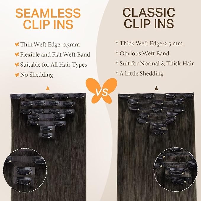 DOORES Seamless Clip in Hair Extensions, Mocha Brown 22 Inch 7pcs 150g, Hair Extensions Human Hair Remy Human Hair Extensions Long Straight Thick Hair Thin Weft Invisi Edge Hair Extensions