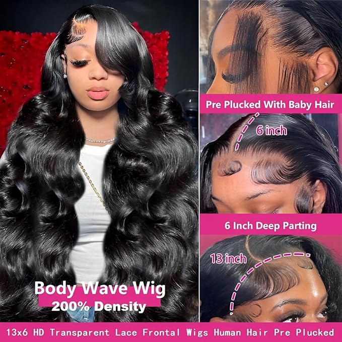20 Inch 13x6 Lace Front Wigs Human Hair 200 Density Body Wave HD Lace Front Wigs Human Hair Pre Plucked Natural Color Glueless Wig 100% Virgin Human Hair Lace Front Wigs for Women