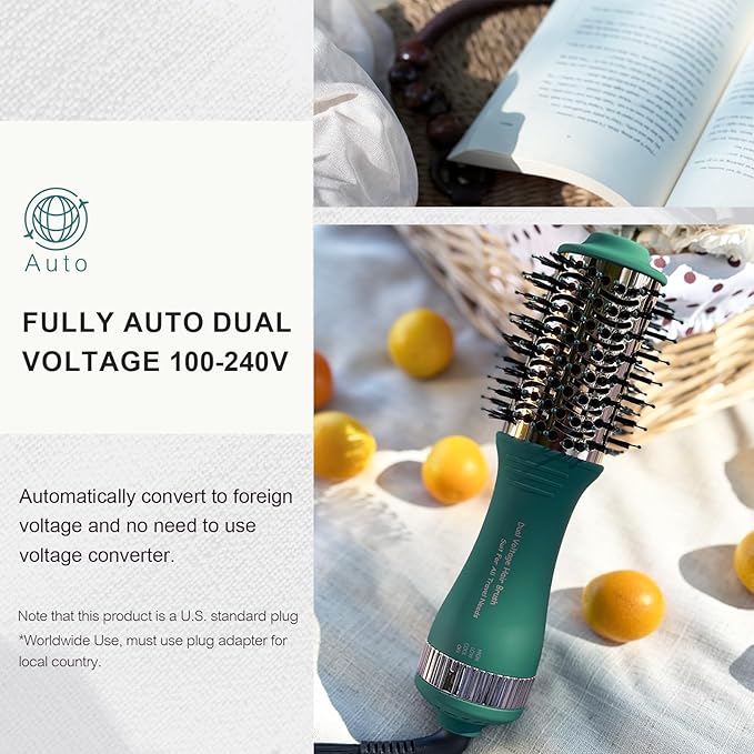 Dual Voltage Travel Hair Dryer Brush Mini Hot Air Hair Styling Tool, 110-240V European Oval Shape Jet Brush, 2 Inch Lightweight Design & Universal Plug, Easy Pack Worldwide