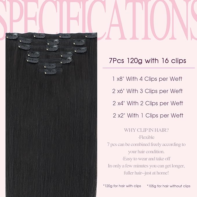 PINKPEARL Clip in Human Hair Extensions #1B Natural Black Clip in Hair Extensions Real Human Hair 18 inch Remy Hair 120g 7pcs Straight Natural Human Hair Clip ins(#1B-18)