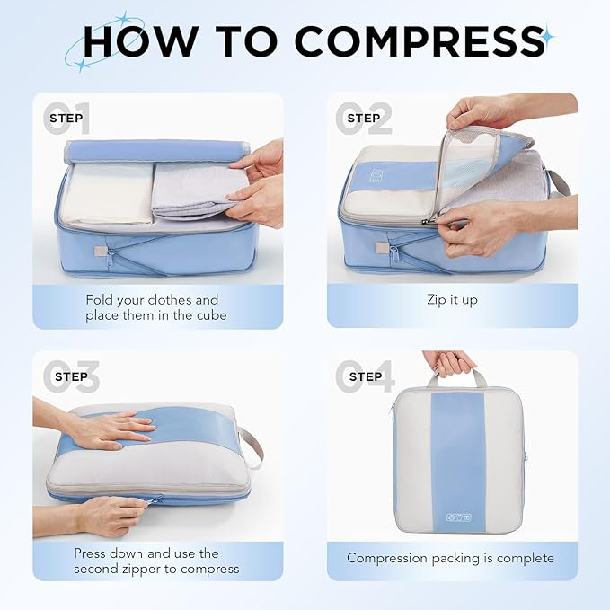 10 Set Compression Packing Cubes for Travel Essentials,Compressible Expandable Packing Cubes for Suitcase,OlarHike Luggage Organizer Bags for Travel,Handy Helper for Organizing Clothes(Light Blue)