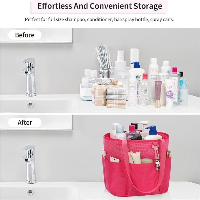 Mesh Shower Caddy Portable, Travel Toiletry Bag for Women Men, Large Capacity Shower Bag Quick Dry Bathroom Bag for Dorm, Gym, Bathroom, Camping, Beach, Swimming, Traveling, Rose Red