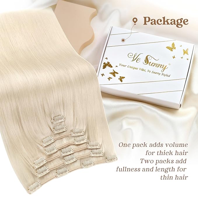 Ve Sunny Blonde Clip in Hair Extensions Human Hair Clip in Extensions Platinum Blonde Real Human Hair Extensions Clip ins Long Straight Hair Easy to Wear 7pcs 120g 20inch