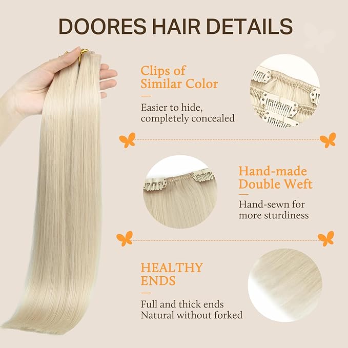DOORES Human Hair Extensions Clip in Human Hair Platinum Blonde 22 Inch 120g 7pcs Clip in Hair Extensions Straight Natural Hair Extensions Thick Remy Extensions