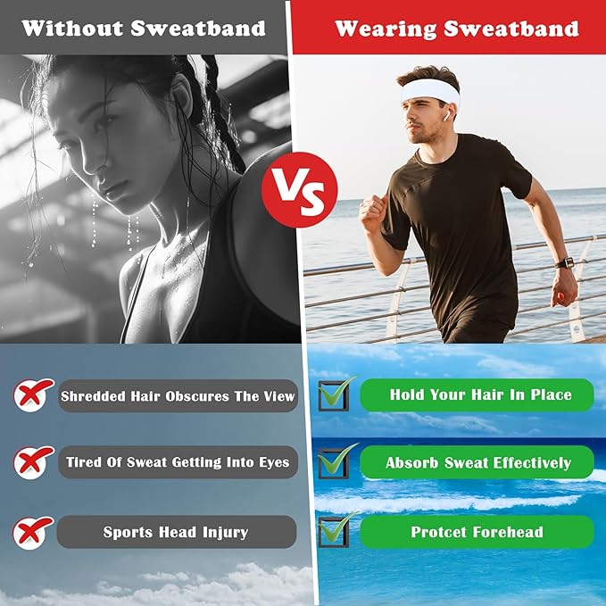 Sweatbands Sports Headbands for Men & Women - 3 Pack Moisture Wicking Cotton Headband for Tennis, Basketball, Running, Gym - Sweat Band