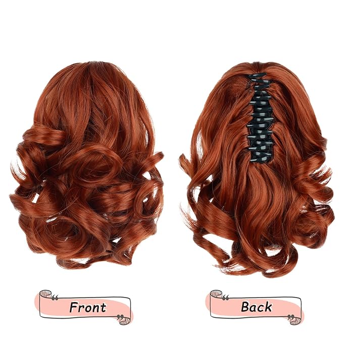 Ponytail Extension, Clip on Ponytails for Women, 9" Claw Clip in Short Curly Wavy Pony Hair Extension for Women - Auburn