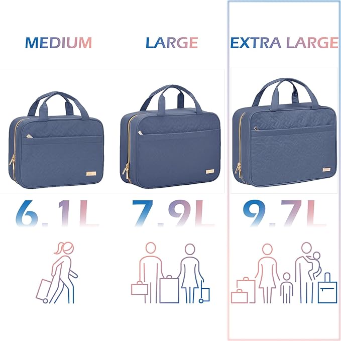 NISHEL Travel Toiletry Bag for women, Portable Hanging Organizer for Family-Sized Shampoo, Conditioner, Brushes Set, Makeup Accessories, Extra Large Size, Aegean-Blue