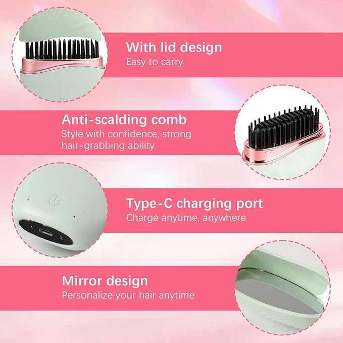 Mini Straightener,Mini Hair Straightener for Women,New Rechargeable Wireless Portable Hair Straightener Brush,Rapid-Heat with Three Temperature Controls,Heat-Resistant Shell Travel Comb (Pink)