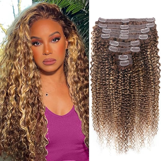 Curly Clip In Hair Extensions Real Human Hair Clip Ins Balayage Chocolate Brown to Caramel Blonde Human Hair Extensions 8Pcs with18clips 120g/Set (24 inch，#4/27/4)