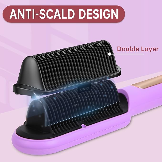 Negative Ionic Hair Straightener Brush with 9 Temp Settings, 30s Fast Heating Hair Straightening Comb with LED Display, Anti-Scald & Auto-Shut Off Hair Brush Straightener for Women (Purple)
