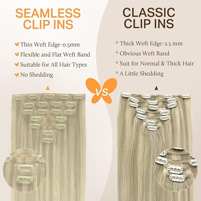 DOORES Seamless Clip-in Hair Extensions, Ash Blonde Highlighted Platinum Blonde 110g 7pcs 20 Inch, Straight Human Hair with Invisi Edge