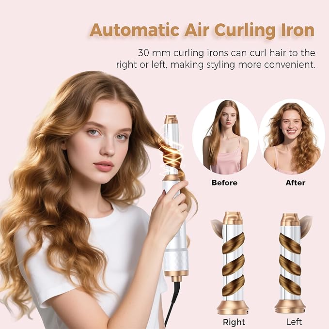 6 in 1 Air Styler Magic Hair Dryer Brush, Negative Ionic Blow Dryer Brush & 3 Heat Settings, Detachable Auto Curling & Straightening Volumizing, Frizz-Free Styling, Salon to Home Use (A-White-Pink)