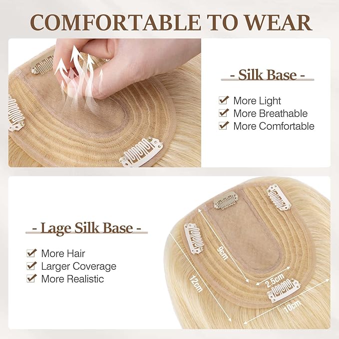 Rich Choices Hair Toppers for Women Real Human Hair 100% Human Remy Toppers NO Bangs for Women with Thinning on Top Clip in Hairpiece 4"x4.7"Lace Base 16 Inch #613 Bleach Blonde