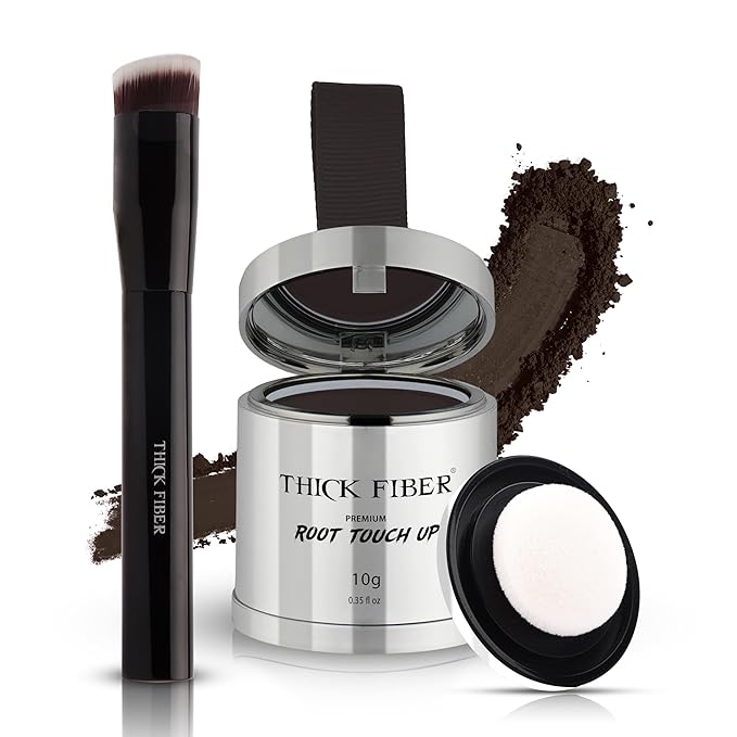 THICK FIBER Root Touch Up Powder with Brush – Covers Grey Roots, Thinning Hair & Bald Spots – Sweat & Water Resistant for Men & Women (Dark Brown, 0.35 Ounce (Pack of 1))