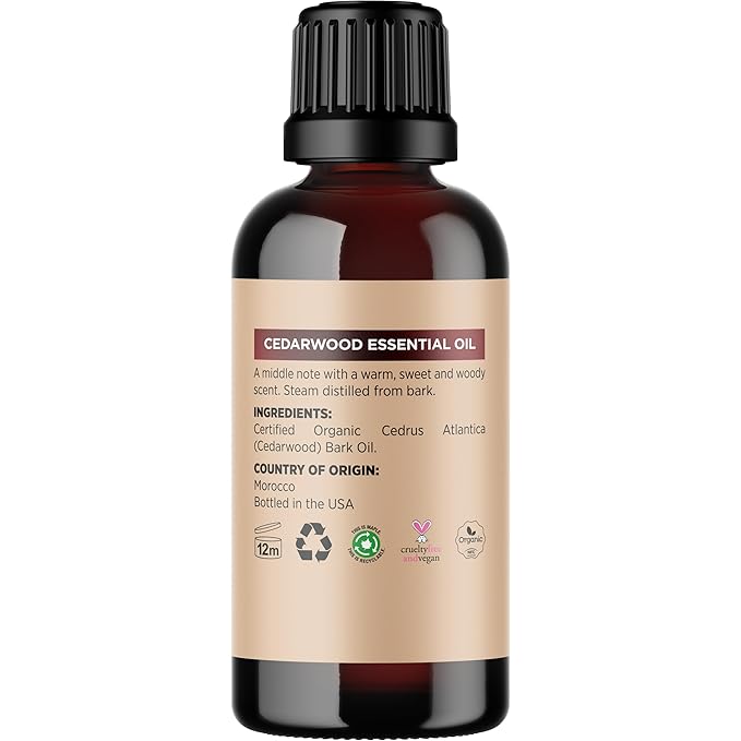Certified Organic Cedarwood Essential Oil - 100% Pure Organic Cedarwood for Hair Skin & Nails plus Beauty DIYs - Calming Aromatherapy Essential Oil for Diffusers - USDA Non-GMO & Undiluted