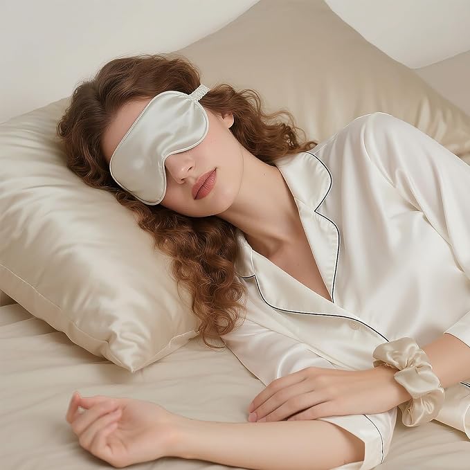 Vegan Silk Sleep Set, Vegan Silk Pillowcase with Large Scrunchie and Eye Mask for Hair and Skin, Self Care Essential Satin Night Routine Kit (Champagne Color)