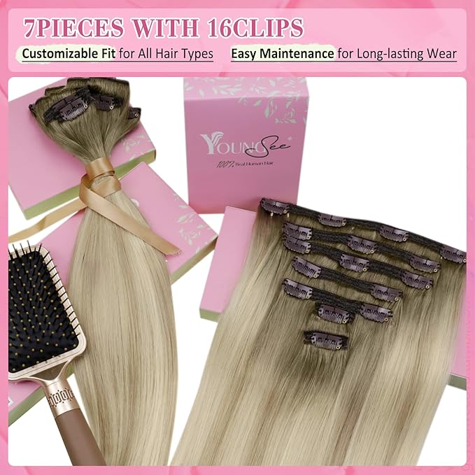 YoungSee Clip in Human Hair Extensions Ash Blonde Clip in Hair Extensions Human Hair Ombre Ash Blonde to Platinum Blond Highlights Clip in Hair Extensions Thick Remy Hair 7Pcs 120G 14Inch