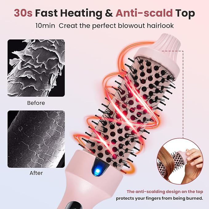 CHIKYO 38mm Thermal Brush, 1.5 Inch Heated Round Brush, Negative Ion Curly Hair Brush, Curling Iron with Dual Voltage & Dual PTC & 6 Heat Settings, Pink