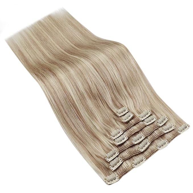 Ve Sunny Real Hair Extensions Clip in Human Hair Full Head Remy Blonde Hair Extensions Clip in Highlight Extension for Women Warm Color 7pcs 120g 18inch
