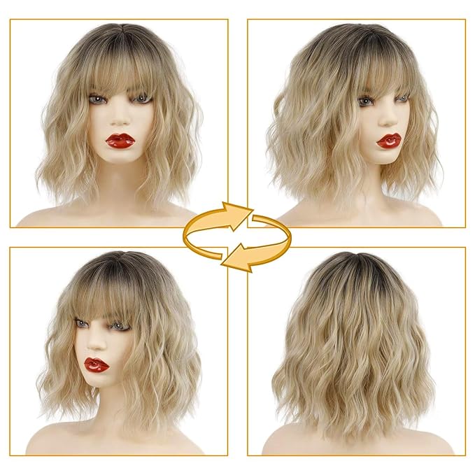 MISSQUEEN Short Blonde Wig with Bangs Synthetic Wavy Blonde Bob Wig Curly Heat Resistant Ombre Blonde Hair Wig for Women Daily Party Halloween Use