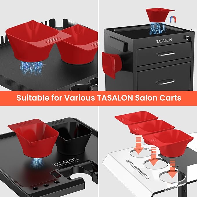 TASALON 2 Piece Magnetic Plastic Bowls Set for Hair Dye, Mixing Bowl for Hair Dye, Beauty Salon and Barber Station for Hairstylists, Red