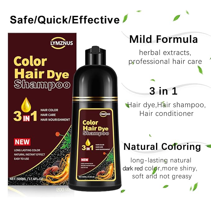 Hair Dye Shampoo 3 in 1 Dark Wine Red,Instant Hair Color Shampoo for Gray Hair Coverage for Men & Women, Burgundy Hair Shampoo and Red Hair Dye for All Hair Types 500ml
