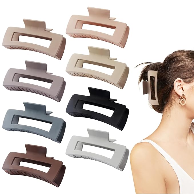 Large Nonslip Matte Neutral Claw Hair Clips for Thick, Thin or Curly Hair - 8 Strong Hold Jumbo 4.1 Inch Jaw Clips for Women and Girls