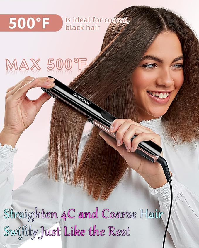 DORISILK 500 Degree High Temp Professional Hair Straightener，30s Fast Heating Ceramic Flat Iron ，2 in 1 Hair Straightener and Curler，Plasma Flat Iron Get Frizz-Free ，Dual Voltage for Travel Using