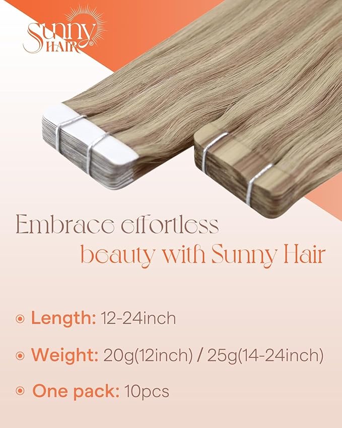Sunny Hair Blonde Tape in Hair Extensions Human Hair Remy Hair Extensions Real Human Hair Tape in 20inch Human Hair Extensions Tape in 10Pcs 25g